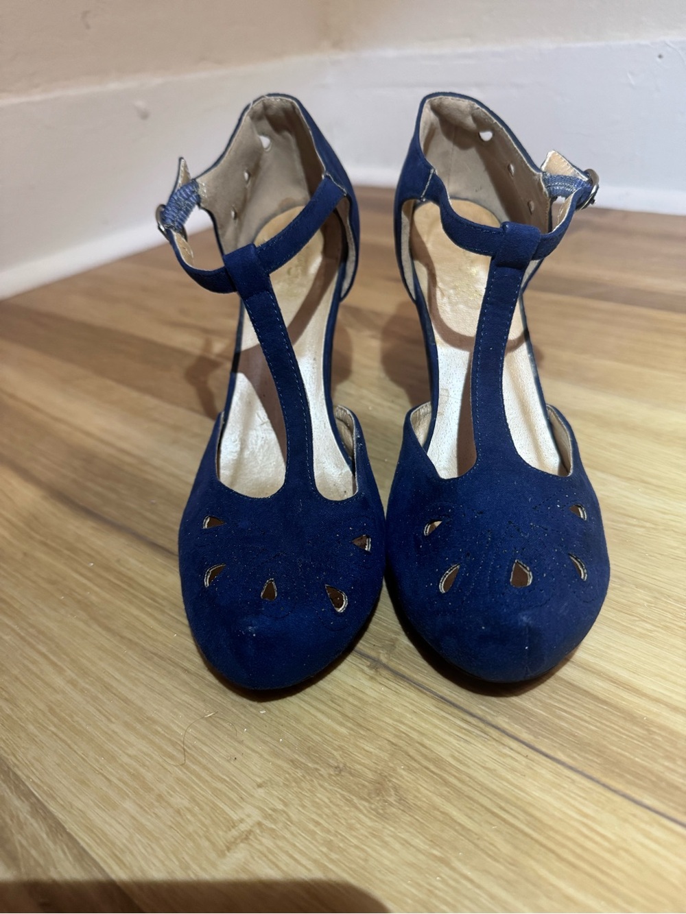 T-Strap Navy Blue Women's Suede Pumps